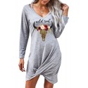 Floral Leopard Graphic Letter Print Cut-out Long Sleeve Mini Dress