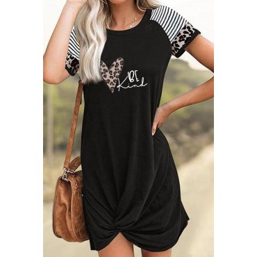 Black Letter Heart Print Leopard Striped Short Sleeve Mini Dress