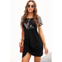 Black Letter Heart Print Leopard Striped Short Sleeve Mini Dress