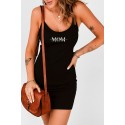 Black MOM Slogan Rib Knit Spaghetti Straps Dress