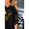 Black Faith Heart Sunflower Print Lace Sleeve Cold Shoulder Mini Dress