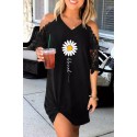 Black Blessed Daisy Print Lace Sleeve Ruched Mini Dress