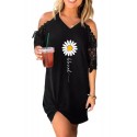 Black Blessed Daisy Print Lace Sleeve Ruched Mini Dress