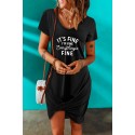 Black Letters Print Twist Hemline T-shirt Dress