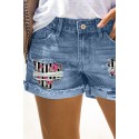 Sky Blue Rose Striped Graphic Ripped Patch Jeans Shorts