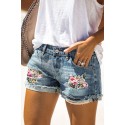 Sky Blue Floral Leopard Patchwork Ripped Denim Shorts