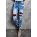 Plaid Patchwork Skinny Fit High Waist Distressed Jeans