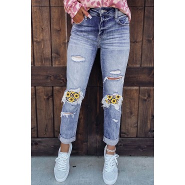 Leopard Sunflower Ripped High Waist Straight Jeans