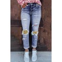 Leopard Sunflower Ripped High Waist Straight Jeans