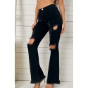 Black Butterfly Print Raw Hem Ripped High Waist Flare Jeans