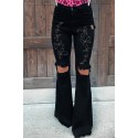 Black Butterfly Print Raw Hem Ripped High Waist Flare Jeans