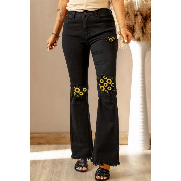 Black Sunflower Patchwork Raw Hem High Rise Flare Jeans