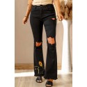 Black Cat Sunflower Print Distressed Flare Jeans