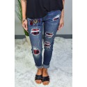 Blue Plaid Patchwork Graphic Print Distressed Skinny Jeans