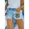 Sky Blue Bee Kind Sunflower Animal Print High Waist Denim Shorts