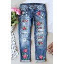 Sky Blue Cheetah Floral Print Contrast Mid Waist Distressed Jeans