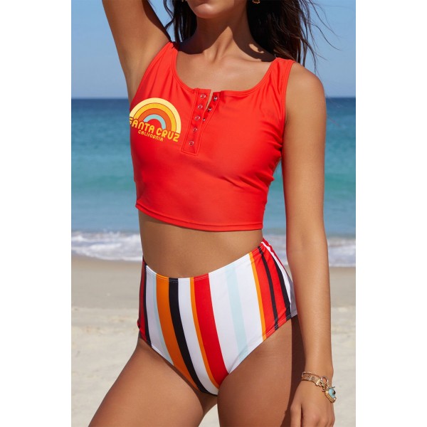 Letter Rainbow Stripe Print Buttoned High Waist Tankini Swimsuit