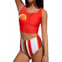 Letter Rainbow Stripe Print Buttoned High Waist Tankini Swimsuit