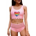 Pink Colorful Heart Shaped Scalloped High Waist Bikini Swimwear