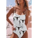 White Western Graphic Print Frilled Lace-up One-piece Swimwear