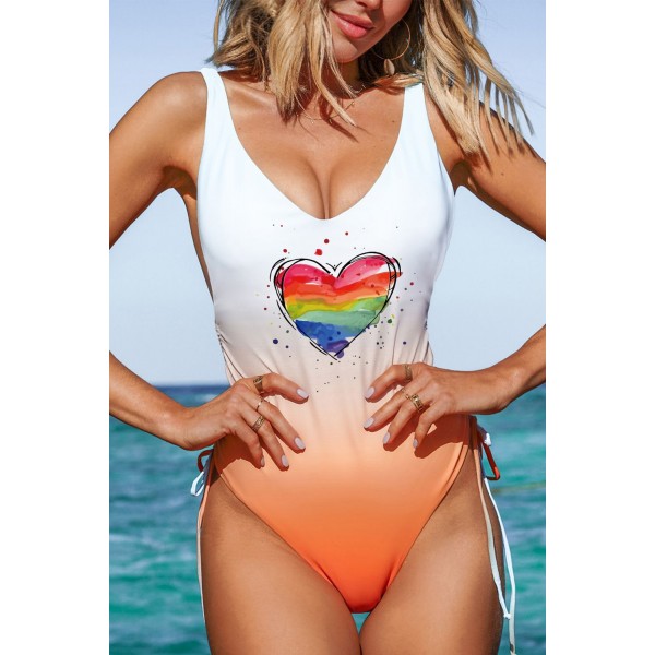 Heart Shaped Gradient Color Print Backless One-piece Swimsuit