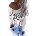 Beige Baseball Print V Neck Long Sleeve Top