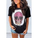 Black Leopard Skull Print Short Sleeve Graphic T Shirt