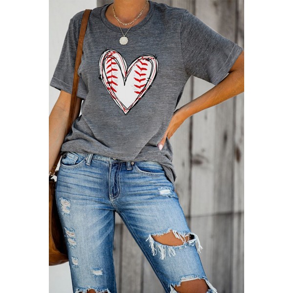 Gray Baseball Heart Print T Shirt